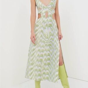 For Love & Lemons Wave-Print Cutout Midi Dress in Light Green and White